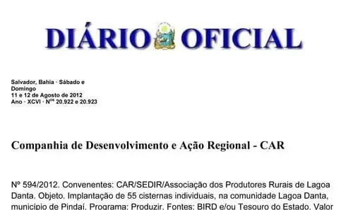 Publicado convênio para construção de cisternas em Lagoa Danta (Pindaí)