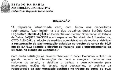 Ivana Bastos quer recuperação do asfalto da zona rural de Guanambi