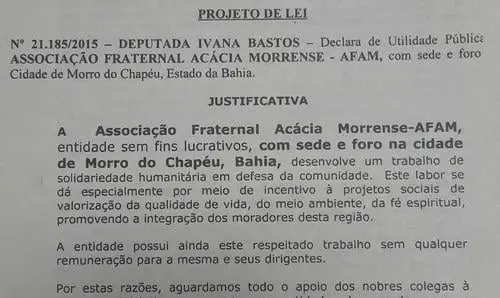 Aprovado projeto que declara de utilidade pública associação de Morro do Chapéu 