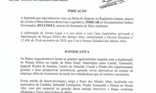 Ivana Bastos defende implantação do Parque Eólico dos Montes Altos