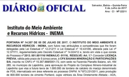 Lajedinho: Inema libera licença prévia para fábrica avaliada em R$700 milhões