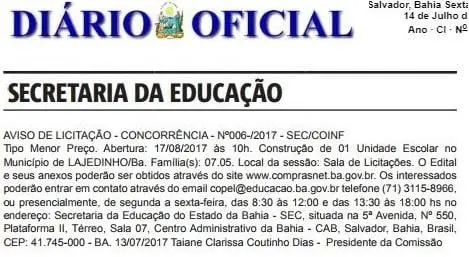 Aviso de licitação para construção do Colégio Estadual de Lajedinho é publicado 