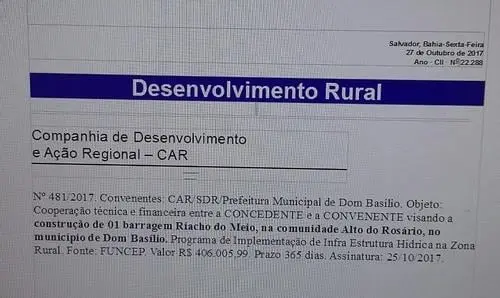 Publicado convênio para construção da barragem do Pastim em Dom Basílio