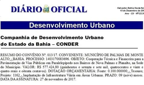Publicado convênio para pavimentação de ruas em Palmas de Monte Alto