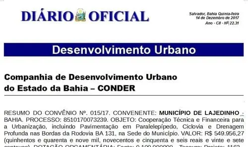 Convênio para pavimentação na sede de Lajedinho é publicado no Diário Oficial