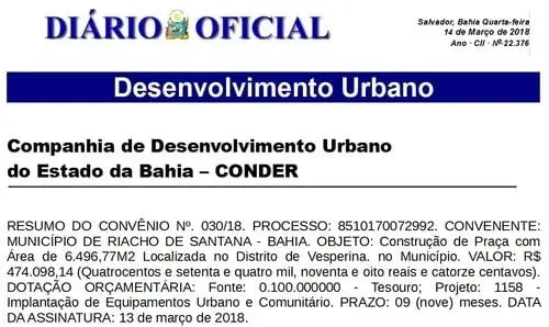 Publicado convênio para construção de praça em Riacho de Santana