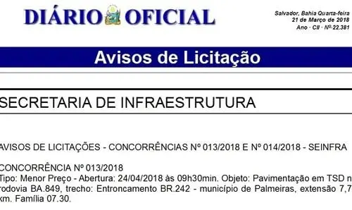 Governo publica aviso de licitação para pavimentação da BA 849 em Palmeiras