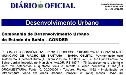Convênio para pavimentação em Riacho de Santana é publicado