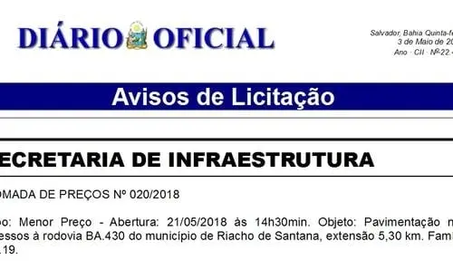 Publicado aviso de licitação para obras de acessos da BA 430 a Riacho de Santana