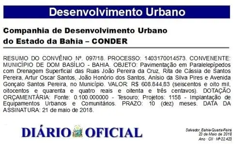 Publicado convênio para construção de praça em Dom Basílio