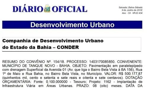 Publicado convênio para pavimentação de ruas em Tanque Novo