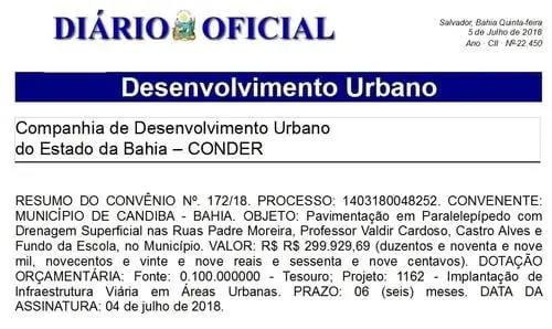 Publicado convênio para pavimentação de ruas em Candiba