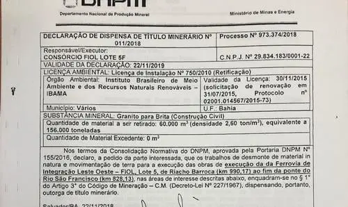 DNPM dispensa título minerário e obras da Fiol no Lote 5 seguem firmes