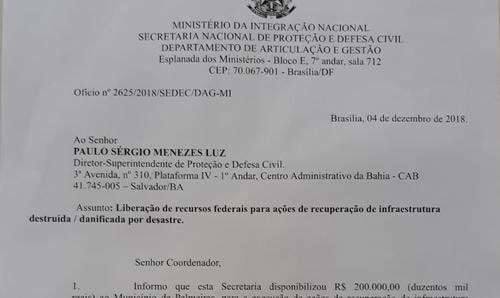 Liberados recursos federais para recuperação de danos após chuvas em Palmeiras
