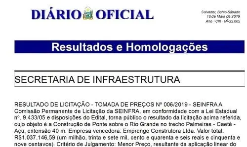 Finalizada licitação para início das obras da Ponte do Capão