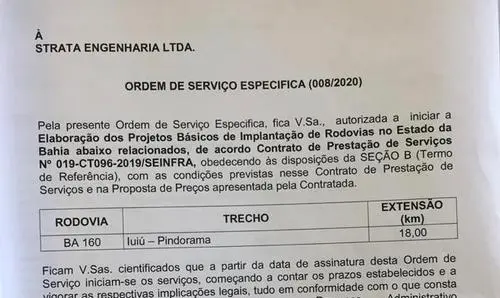 Ordem de serviço para elaboração do projeto de pavimentação de Iuiu a Pindorama