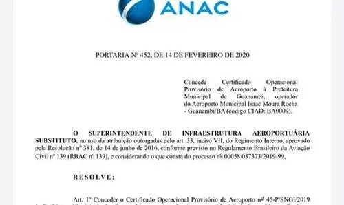  Publicada pela ANAC autorização para operações no Aeroporto de Guanambi