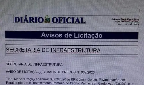 Publicação de aviso de licitação de obra da estrada do Capão