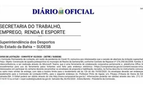 Publicado Aviso de Licitação para construção de quadra em Riacho de Santana