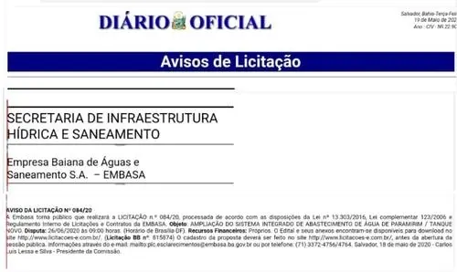 Iniciada licitação para ampliar sistema de água em Tanque Novo