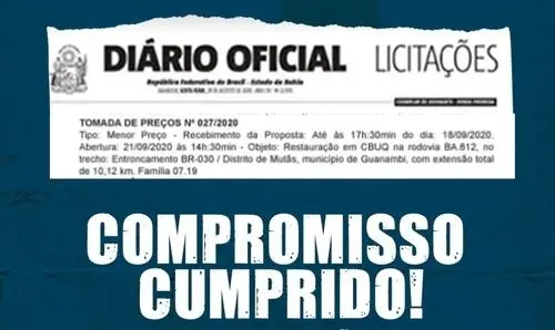 Publicado aviso de licitação do asfalto de Mutans em Guanambi 