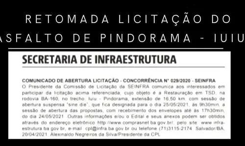 Publicada nova data da licitação do asfalto de Pindorama - Iuiu