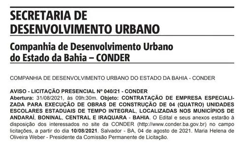 Divulgado aviso de licitação para a construção de escola em Iraquara