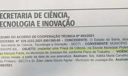 Publicado convênio para construção de praça da Ciência em escola em Jussiape  
