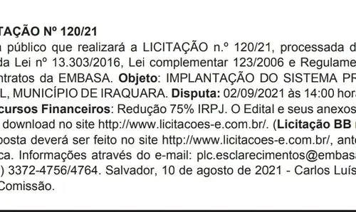 Publicado aviso de licitação para implantação de sistema de água 