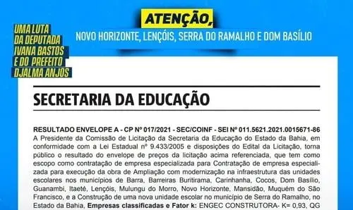 Após luta de Ivana Bastos, aberta licitação para obras em diversas escolas 