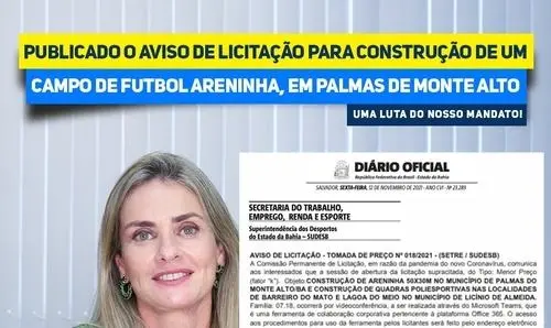Publicado aviso de licitação para construção de Areninha em Palmas de Monte Alto