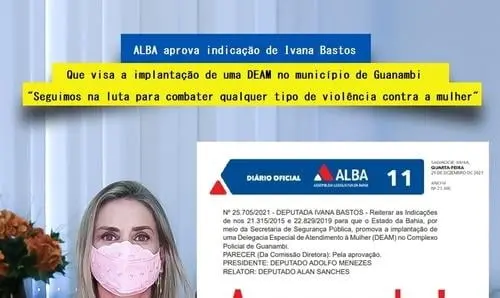 ALBA aprova indicação de Ivana que visa a implantação de uma DEAM em Guanambi