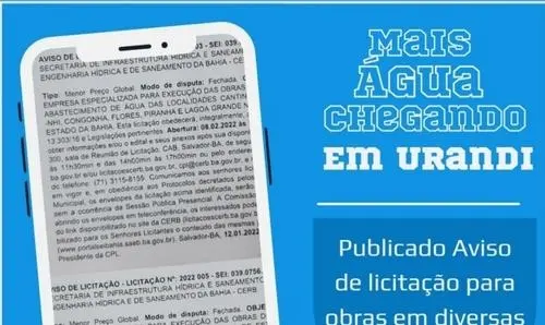 Publicado aviso de licitação para obras de abastecimento de água em Urandi