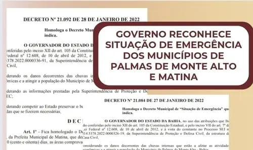 Governo reconhece situação de emergência de Palmas de Monte Alto e Matina 