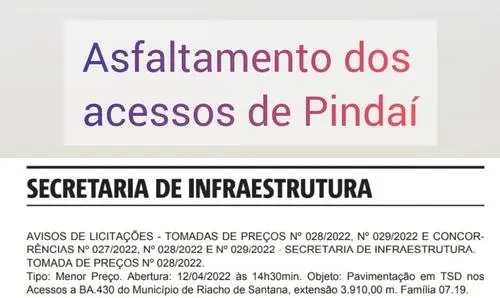 Publicado aviso de licitação para obras de acessos ao município de Pindaí