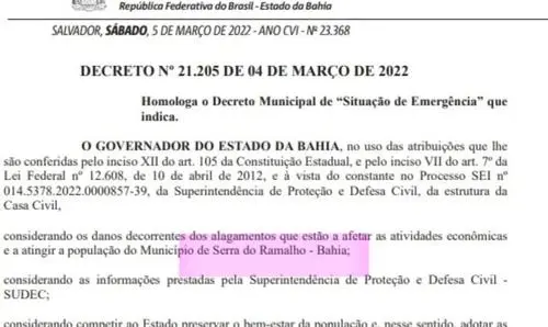 Publicado o decreto de situação de emergência de Serra do Ramalho