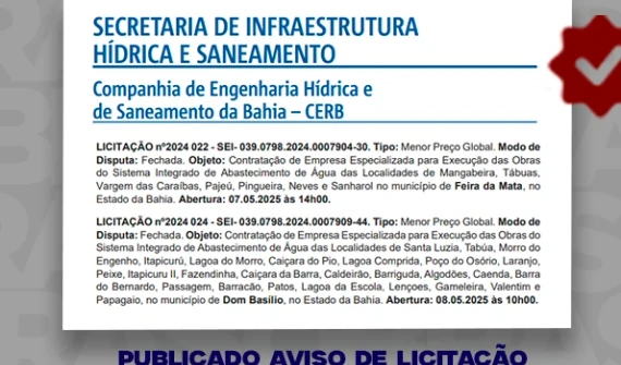 Publicado aviso de licitação para obra de sistema de abastecimento de água em Feira da Mata e Dom Basílio