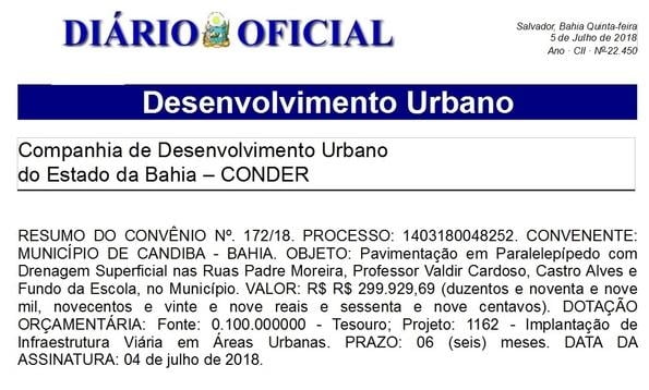 Publicado convênio para pavimentação de ruas em Candiba