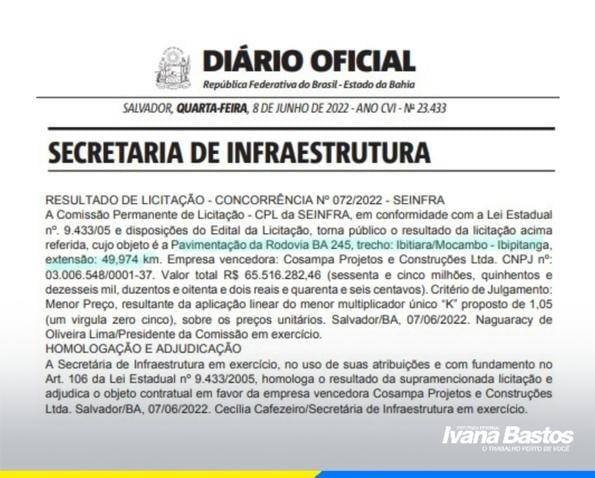 Licitação para obras do asfalto de Ibitiara/Mocambo e Ibipitanga foi finalizada 