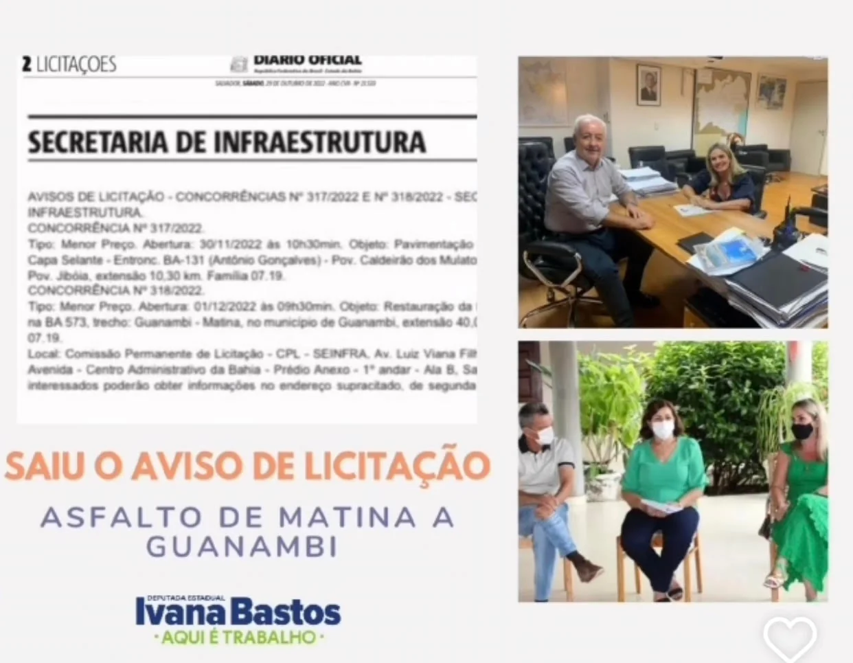 Em resposta ao trabalho de Ivana, será executado a obra do asfalto de Matina a Guanambi