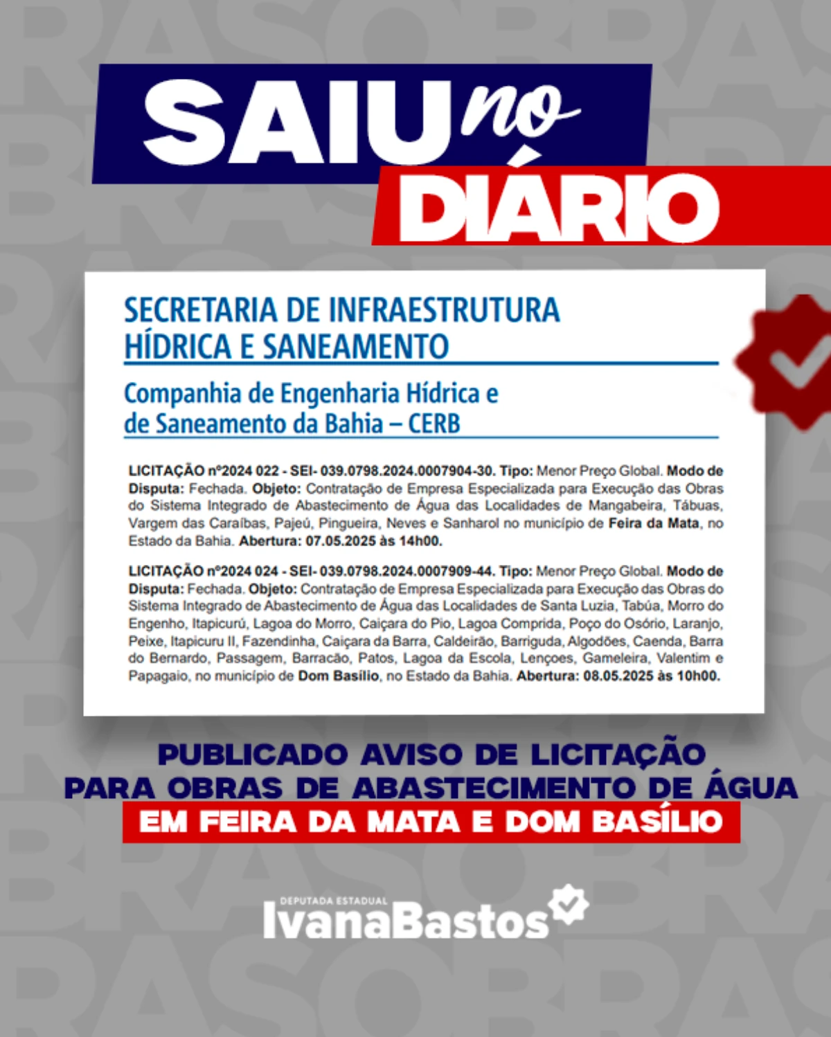 Publicado aviso de licitação para obra de sistema de abastecimento de água em Feira da Mata e Dom Basílio